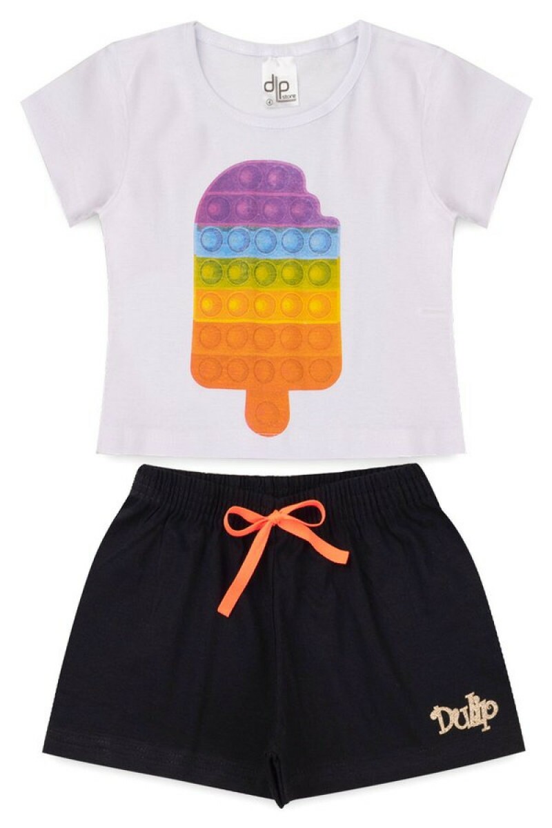 Conjunto Menina - Blusa Branca com Estampa Poppit + Shorts Preto