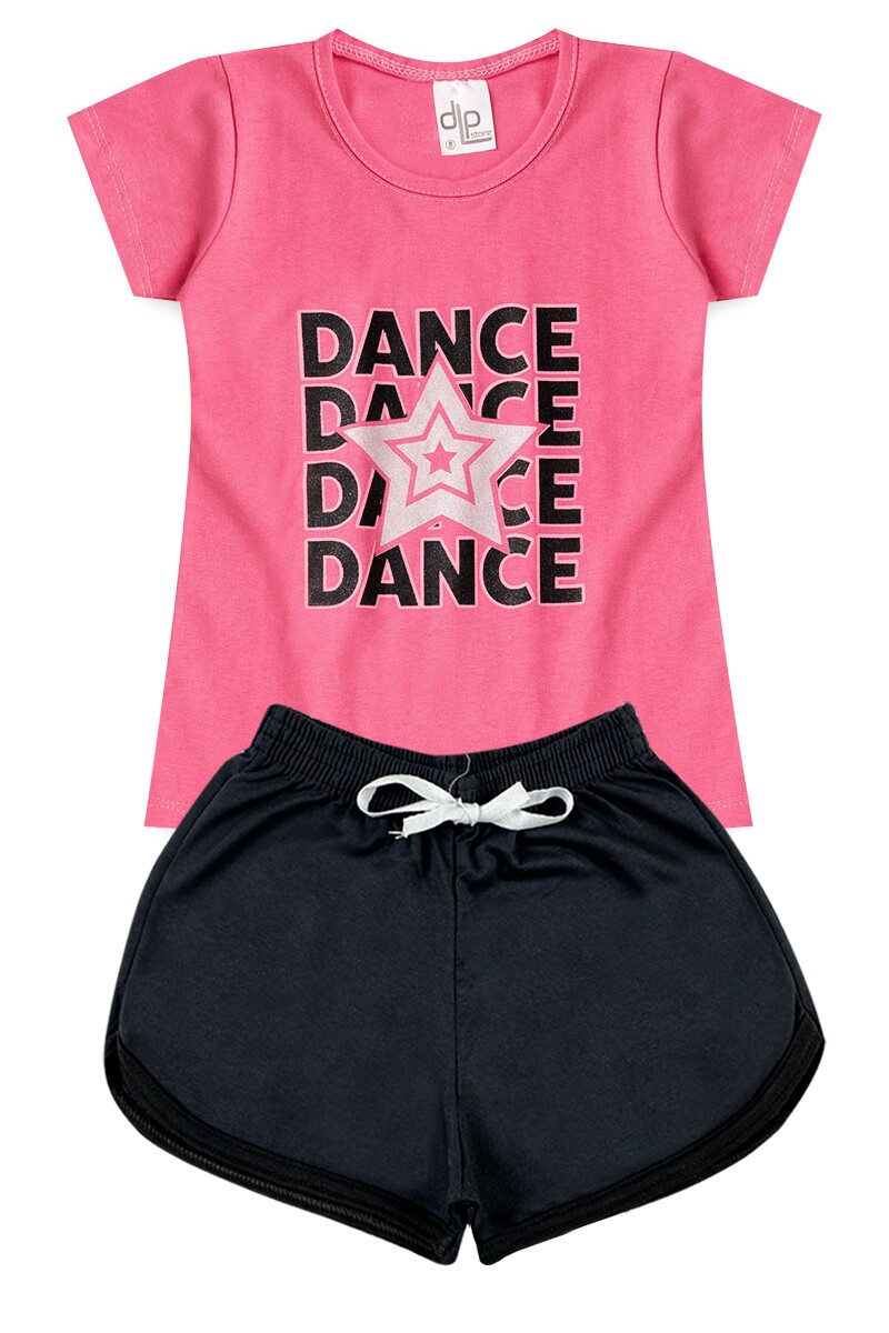 Conjunto Menina - Blusa Rosa Pink com Estampa Dance + Shorts Preto