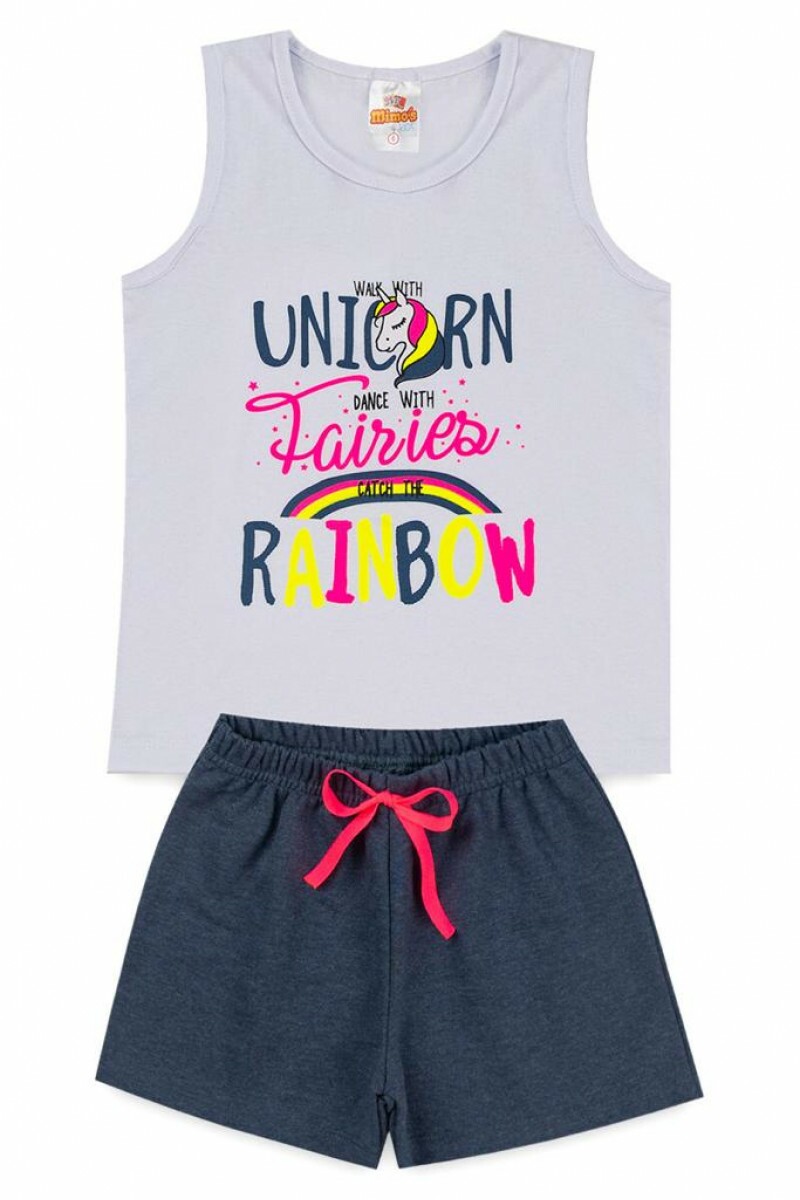 Conjunto Menina - Blusa Regata Branca + Shorts Grafite com Cordão Rosa Pink
