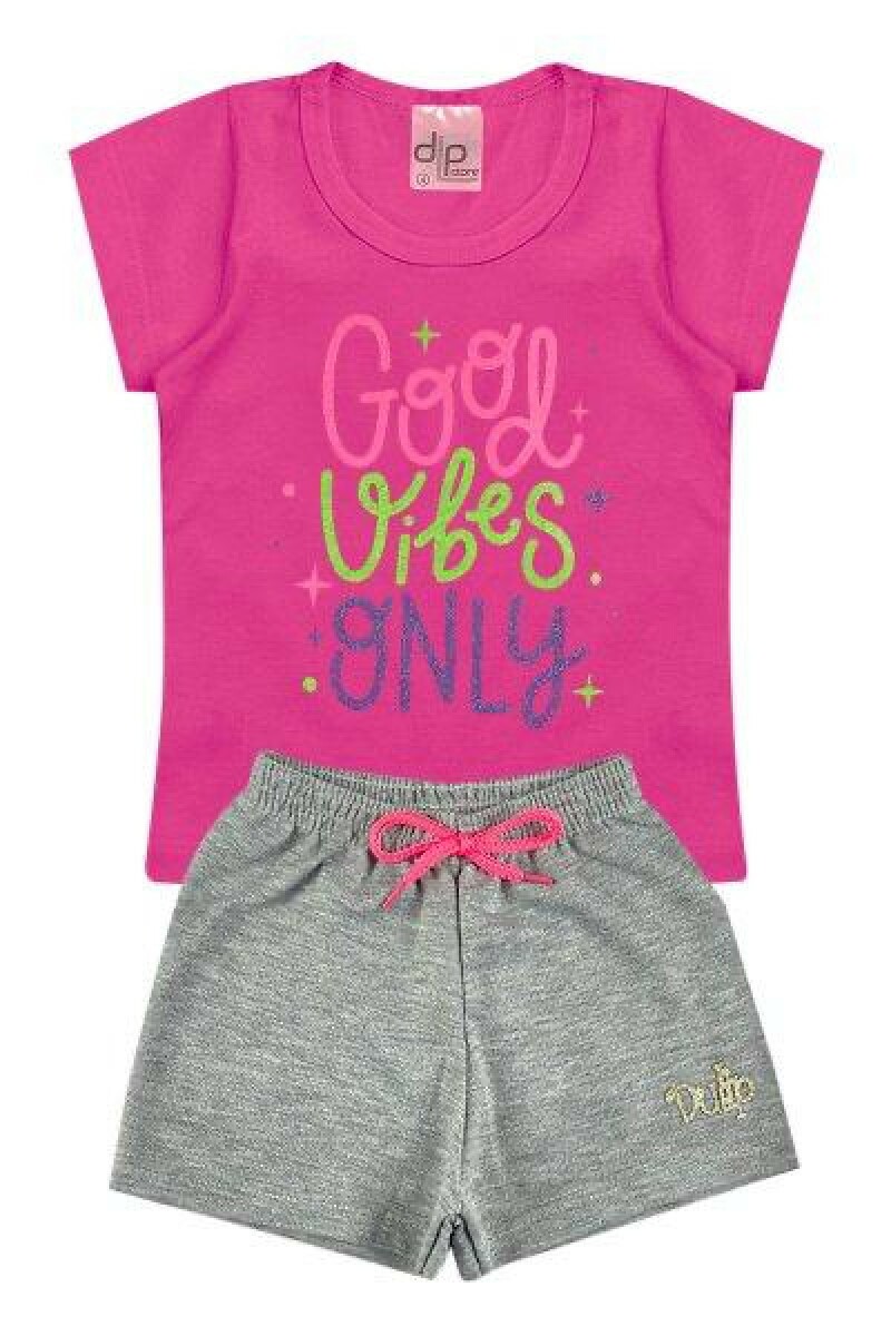 Conjunto Menina - Blusa Rosa Pink + Shorts Cinza