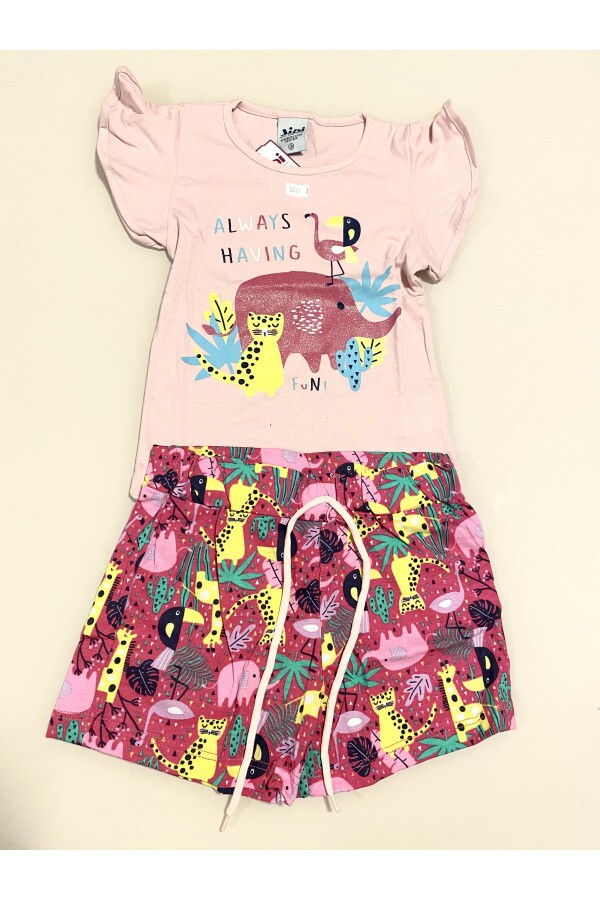 Conjunto Menina - Camiseta Meia Malha Rosa Claro Estampa Animais + Shorts Meia Malha Rotativo Pink