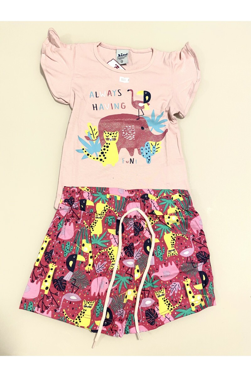 Conjunto Menina - Camiseta Meia Malha Rosa Claro Estampa Animais + Shorts Meia Malha Rotativo Pink