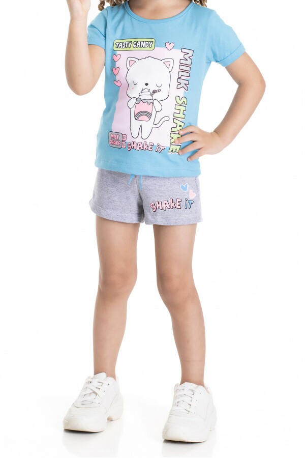 Conjunto Menina - Camiseta Meia Malha Turquesa Estampa Milk Shake + Shorts Moletinho Mescla